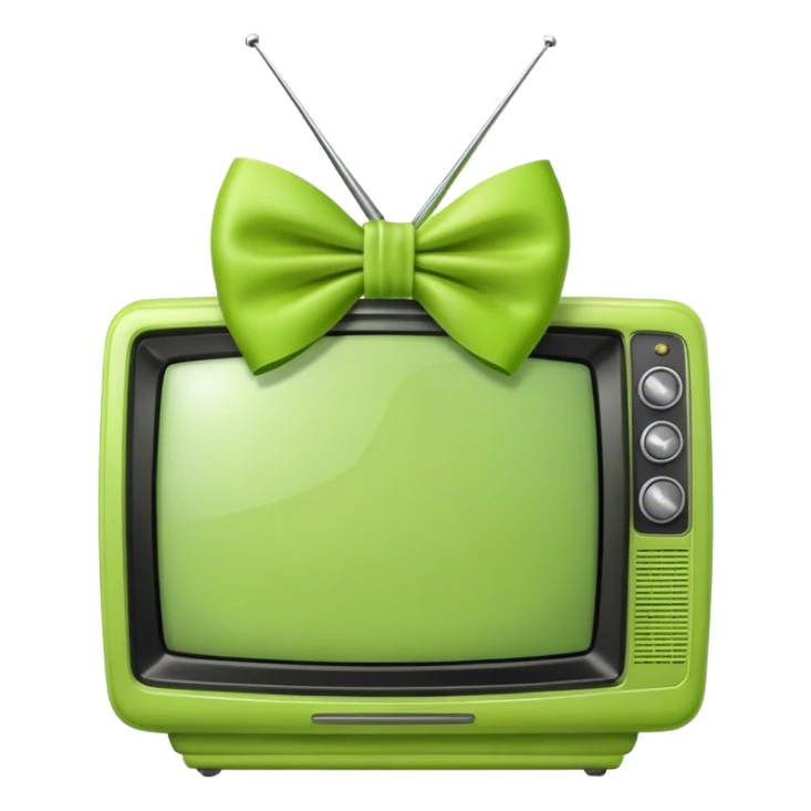 A pistachio green TV with a lime green bow time sticker