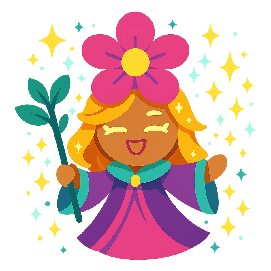 blossom cookie character, fantasy theme, magical aura, sparkling sticker