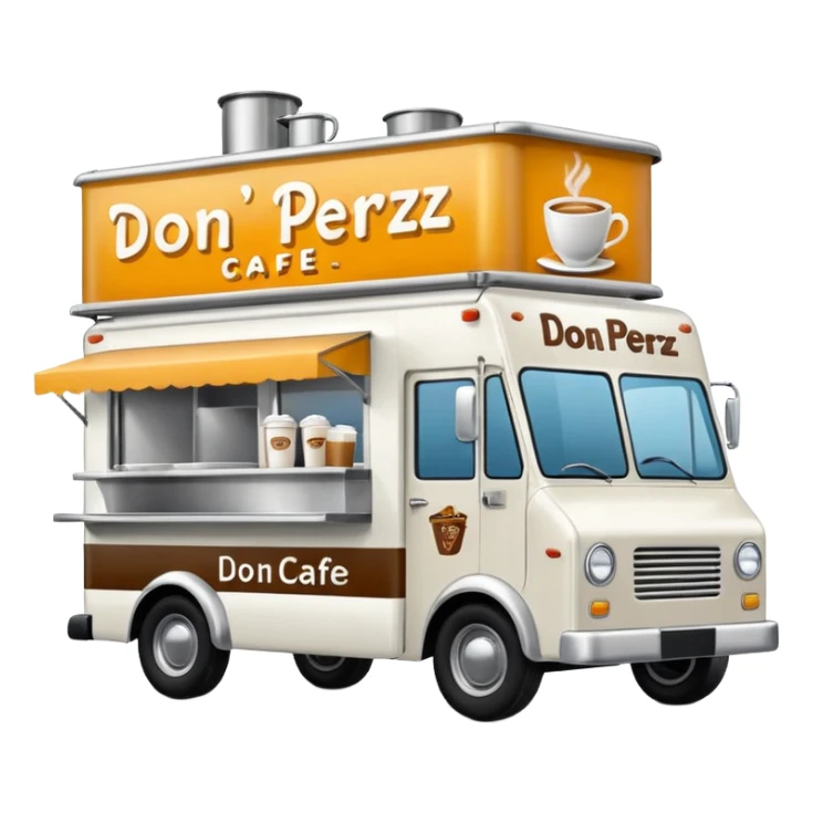white coffee truck with don perez cafe sign sticker