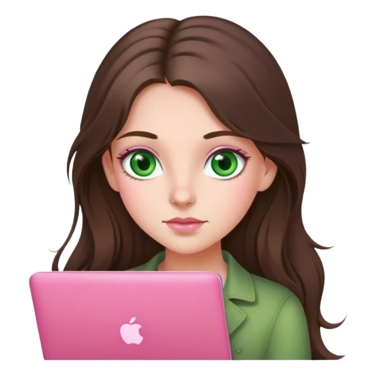 brunet smm girl with long hear and green eyes with pink mac book sticker