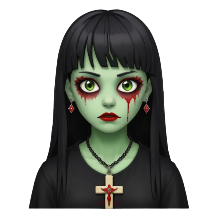 zumbi verde com olhos vermelhos sangrando e franja roupa preta e um crucifixo como colar, sem ser na testa e um piercing no nariz bem feminino a franja reta também  sticker
