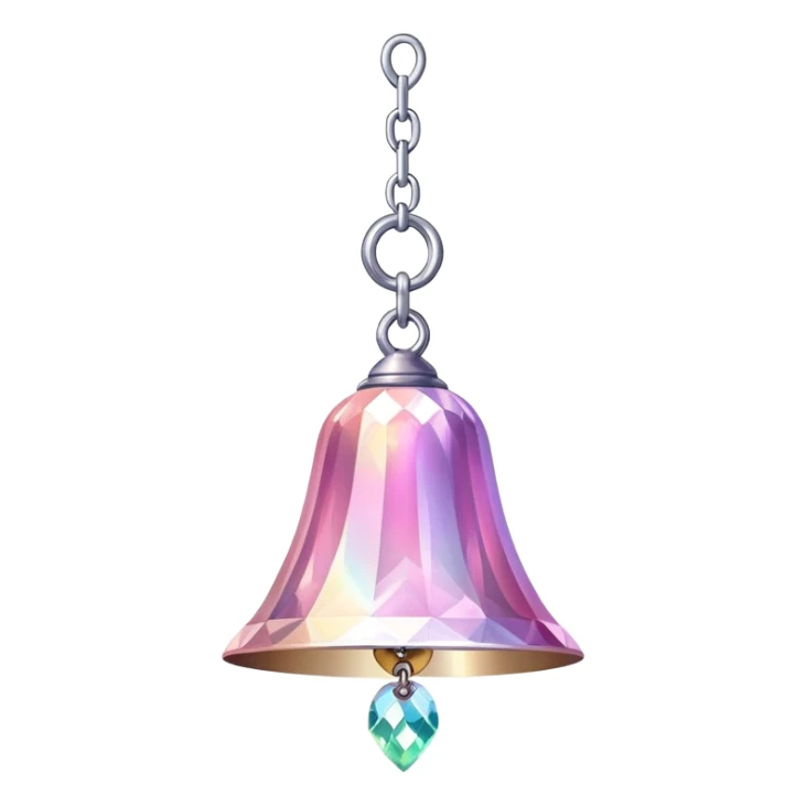PInk iridescent Bell with chained hanging crystals and feathers sticker
