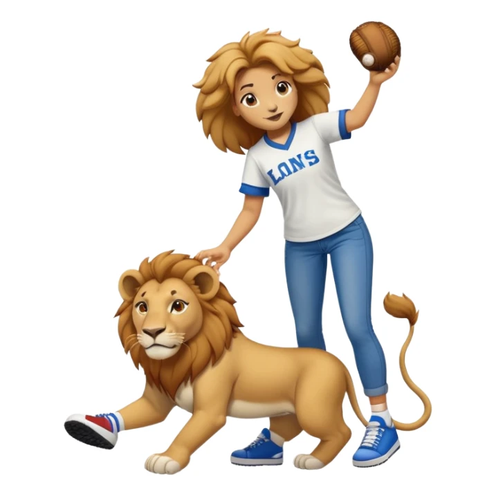 friendly anthropomorphised female lion wearing a baseball shirt, jeans, and trainers, helping another character up after falling down sticker