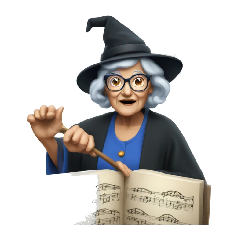 smart granny witch with glasses and blue hat directing orchestra sticker