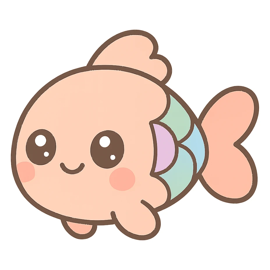 small friendly fish with big eyes, colorful scales, cartoon style sticker