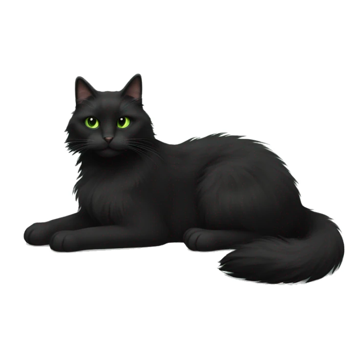 Black extra furry long haired cat fluffy tail fully body laying down with light green eyes sticker