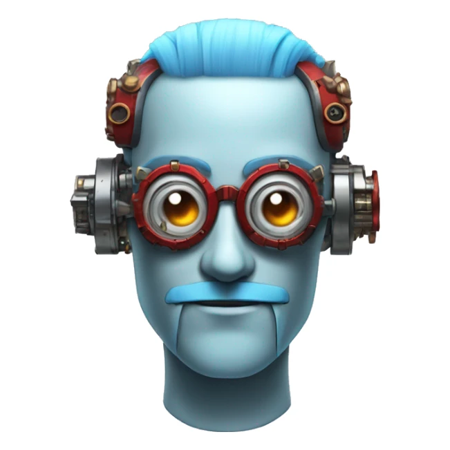  Short light blue haired male cyborg head with light blue beard, red steampunk goggles and circuits sticker