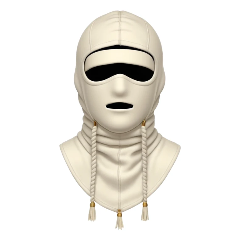Deconstructed off-white balaclava with frayed layers, rope tassels, subtle embroidery. Studio photo, white bg, soft light. Streetwear luxury style.
 sticker