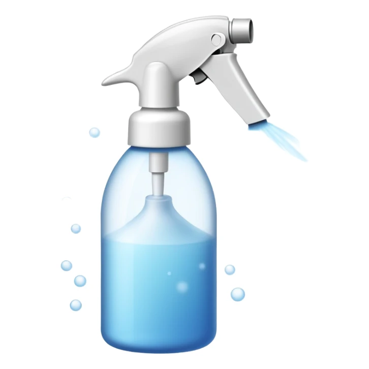 An emoji of a spray bottle actively spraying mist. A fine mist of tiny particles is visible in the air as the nozzle releases the spray. Can resemble a perfume, cologne, or cleaning product. Transparent bottle with a trigger or press nozzle, slightly tilted while spraying sticker