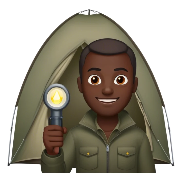 dark skinned man aiming flashlight at tent with evil smile on his face sticker