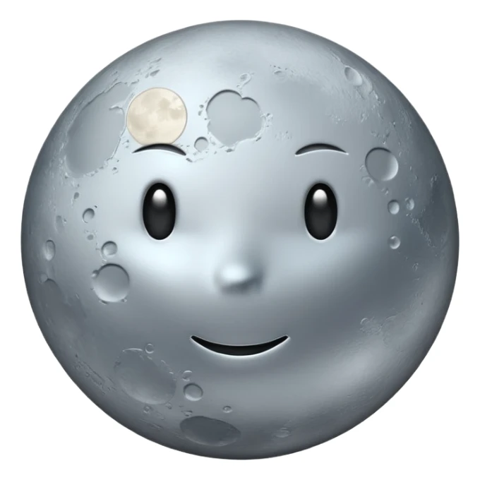 Polished silver moon emoji, chrome metallic texture, iOS emoji style, soft glow, smooth reflections, minimalistic design sticker