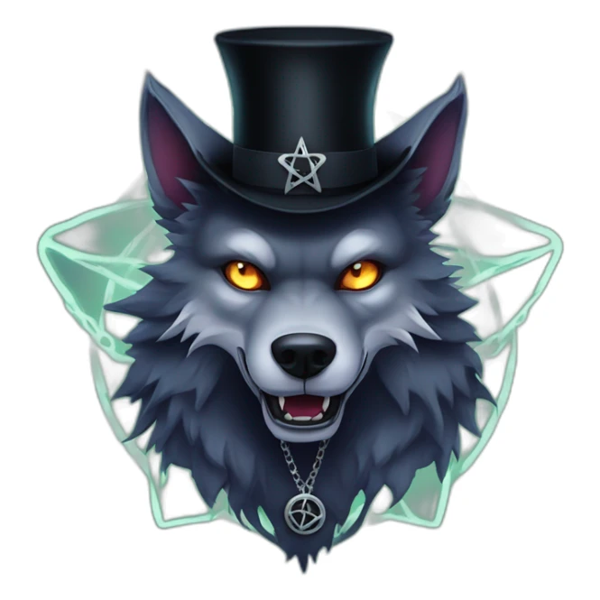 demonic wolf with a pentagram top hat and a pentagram chain with a haunting night background sticker