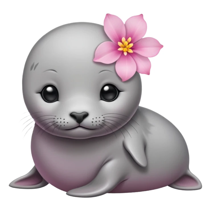 A small, slim baby seal resting gracefully with a delicate pink flower placed on its head.  Grey color sticker
