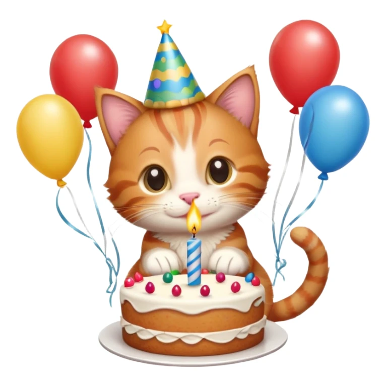 Ginger tabby kitten celebrates birthday, birthday hat, birthday cake, one candle, balloons, happy, gifts sticker
