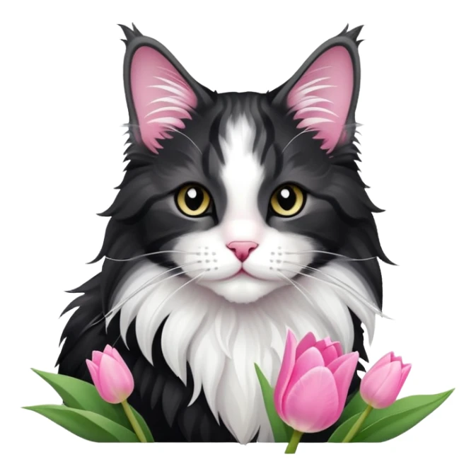 A cute  little  Black and white Maine coon and Pink tulip sticker