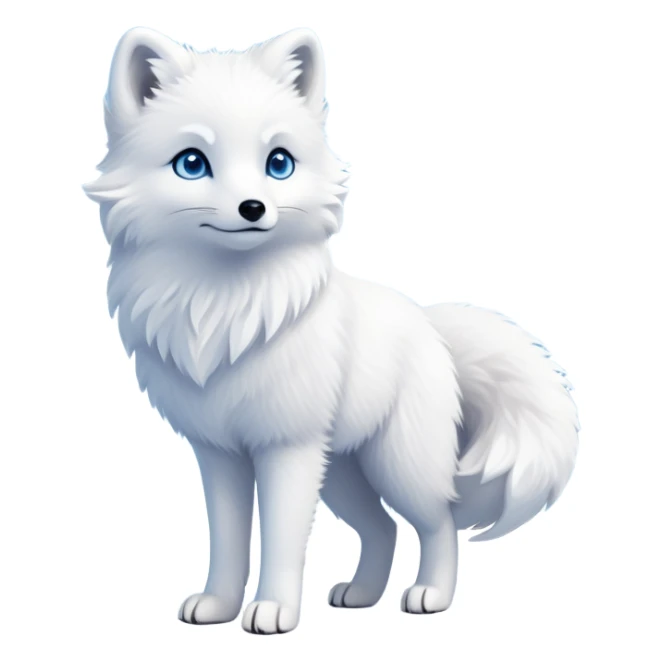 cinematic-arctic-fox-realistic-full-body-standing-emoji,-fluffy-tail-curled-slightly-around-its-white paws,-thick-pure-white-fur-blending-into-the-snowy-landscape,-head-tilted-dramatically,-bright-blue-eyes-glistening-with-intelligence,-simplified-yet-realistic-focused-features,-highly-detailed,-glowing-with-an-almost-sarcastic-glow expressive eyes sticker