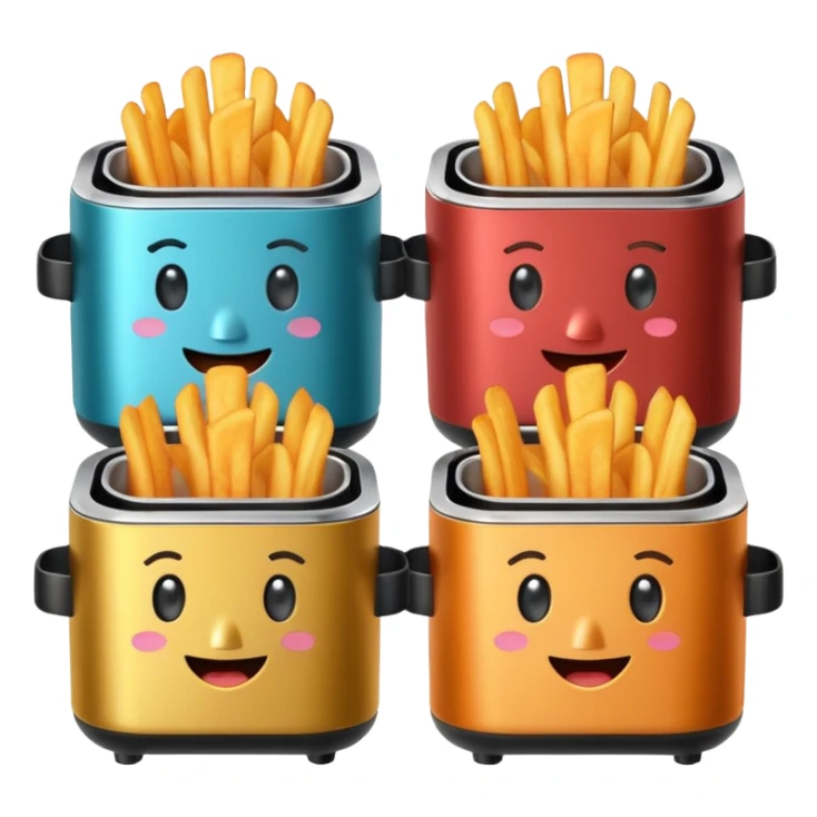 A whole set of air fryers with faces possing like different emojis sticker
