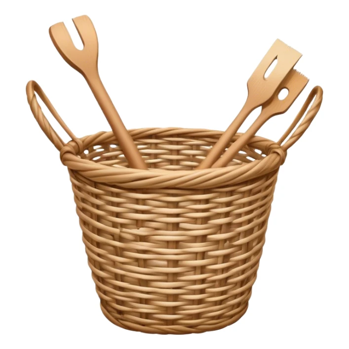 Wicker weaving icon, flexible wicker branches woven into a basket or decorative object, weaving tools like a knife or awl, intricate patterns, minimalistic style, clean lines, transparent background. sticker