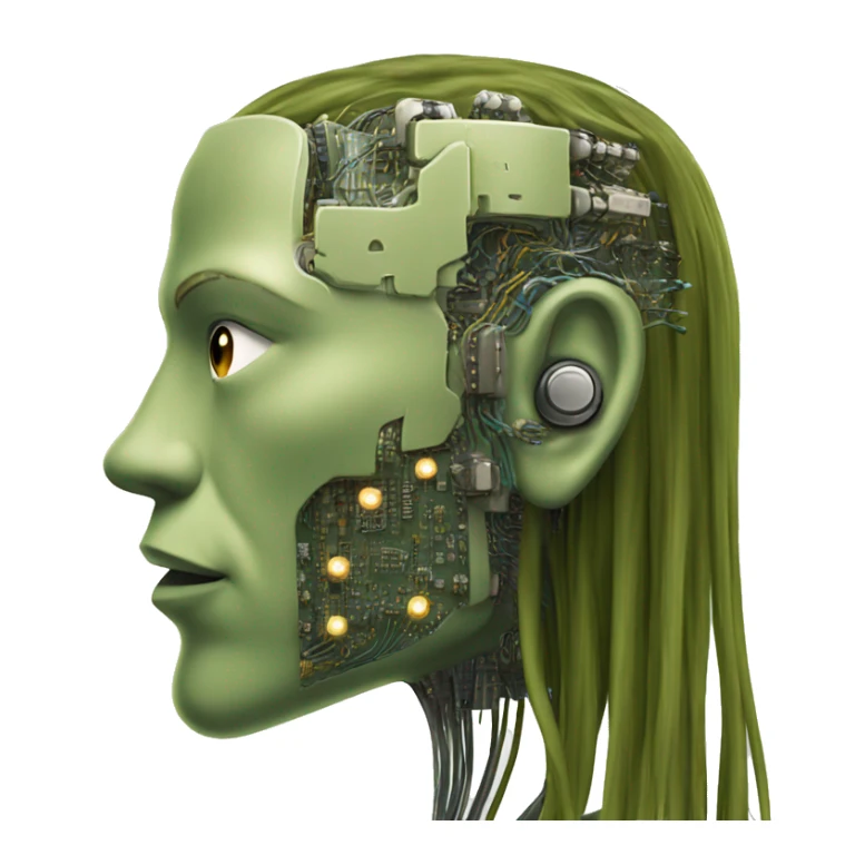 Olive green long hair man cyborg head with circuits sticker
