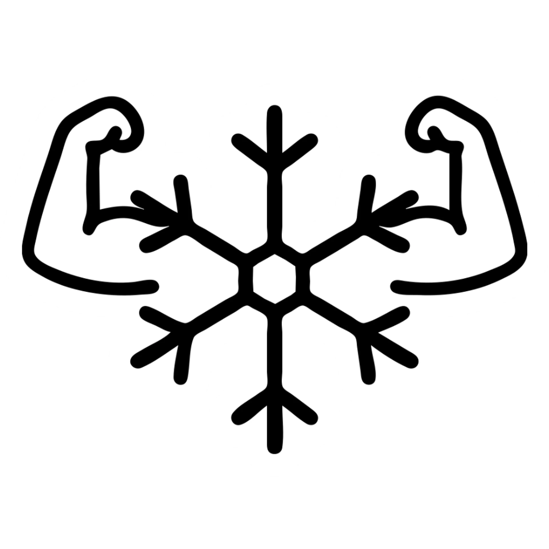 a mighty strong snowflake, stylized with muscular arms, heroic pose, thick black outlines sticker