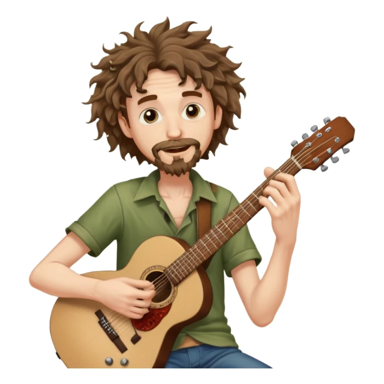 Generate a malnourished dude with curly hair and a shitty goatee who is high on marijuana playing the guitar and twisting a strand of his hair sticker