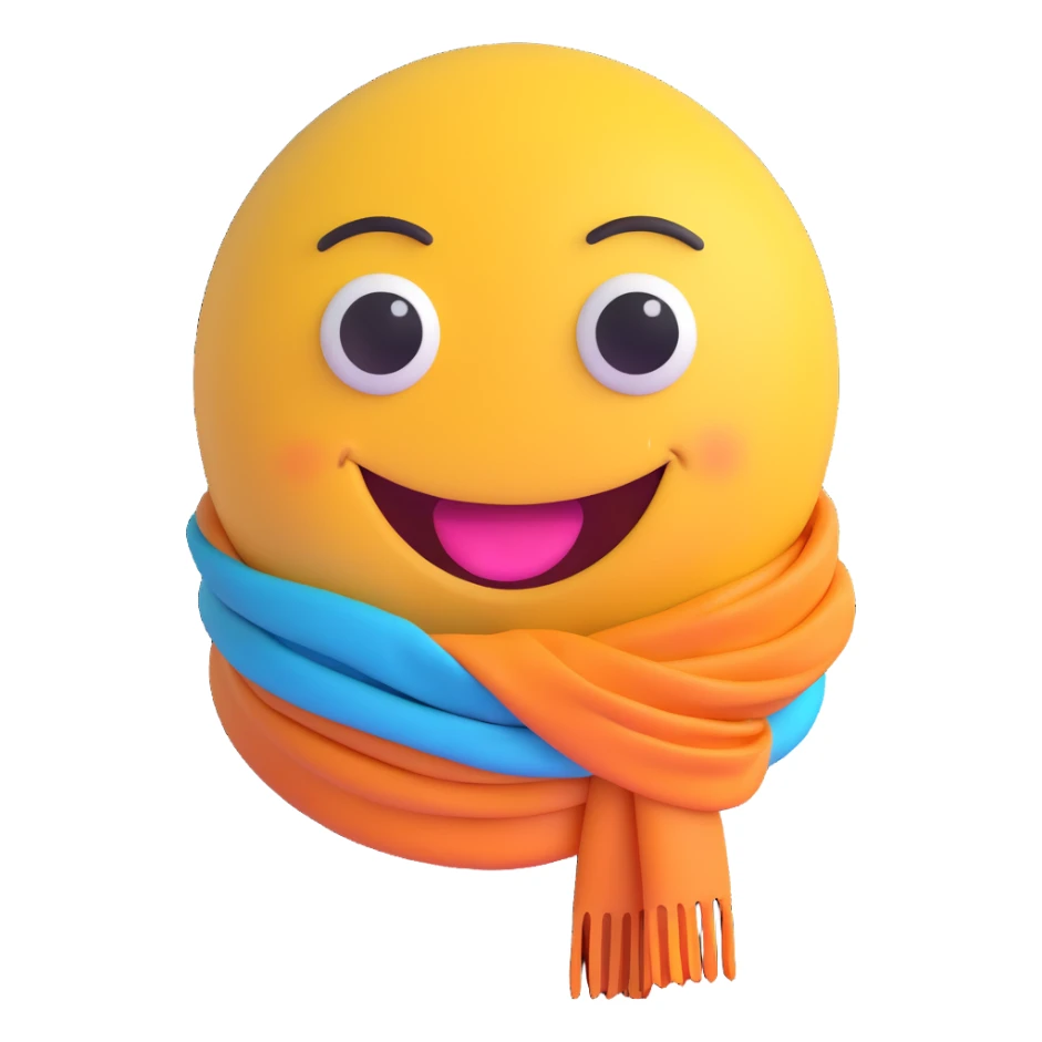 3D smiley emoji, large eyelashes, girly, colorful scarf, smiling sticker