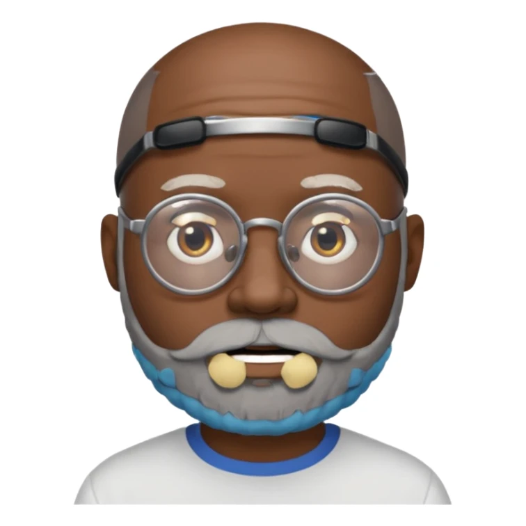 African american male, bald, salt and pepper beard. Round face, glasses sticker