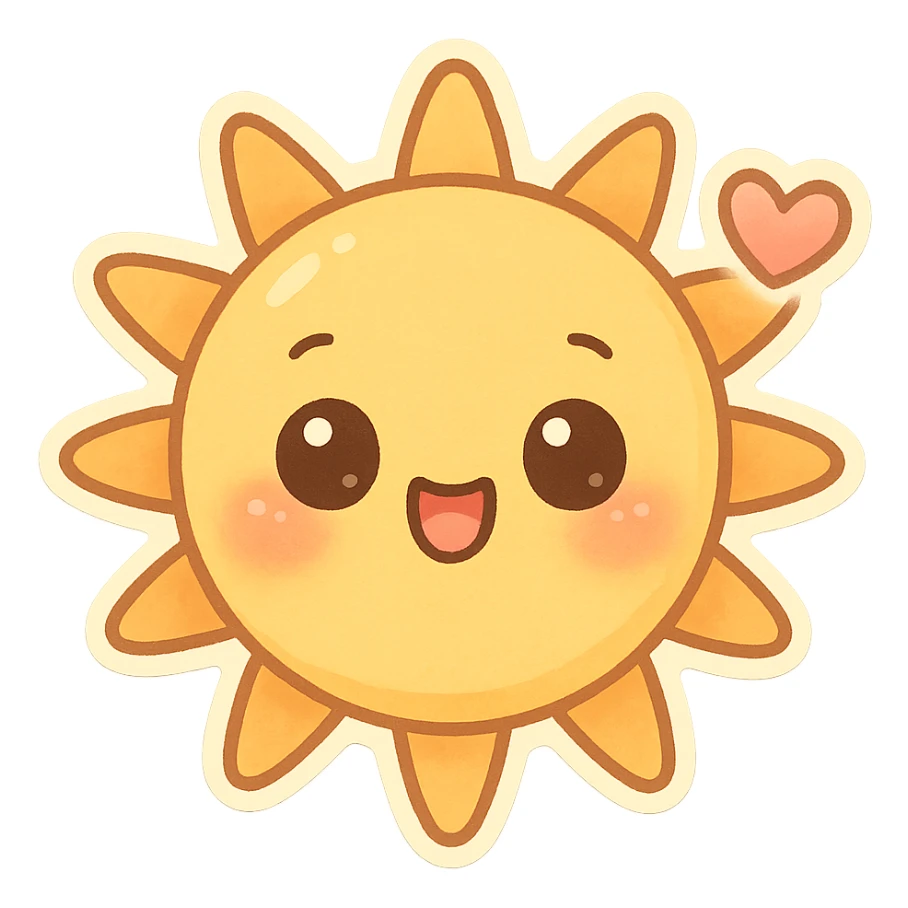 chibi sticker-style sun with a heart accent, cute and exaggerated sticker