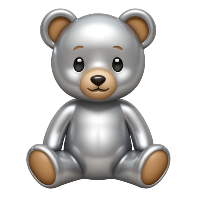 A cute teddy bear emoji made of liquid silver chrome, smooth rounded body, glossy metallic surface, soft reflections, friendly proportions, iOS emoji style, centered, clean white background sticker