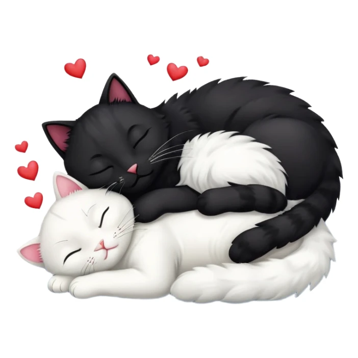 Big black cat is sleeping with a small white cat with hearts above sticker