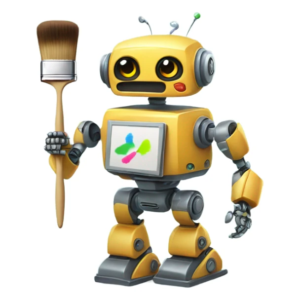 cute robot holds a palette with paints and a brush sticker