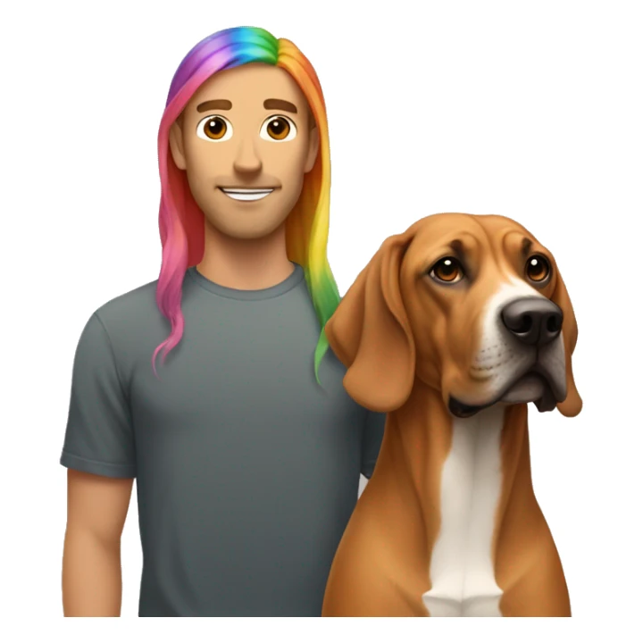 white male with long rainbow colored hair standing alongside a brown rhodesian ridgeback sticker