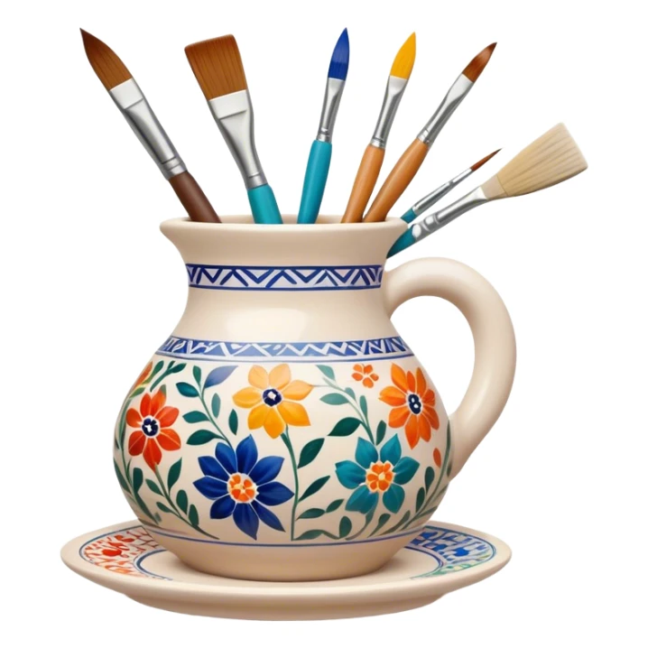 Ceramic painting icon, hand-painted ceramic plate or vase with intricate patterns, visible paintbrush, paint pots, and ceramic tools, colorful glaze, no finished artwork, just the painting process, minimalistic style, clean lines, transparent background. sticker