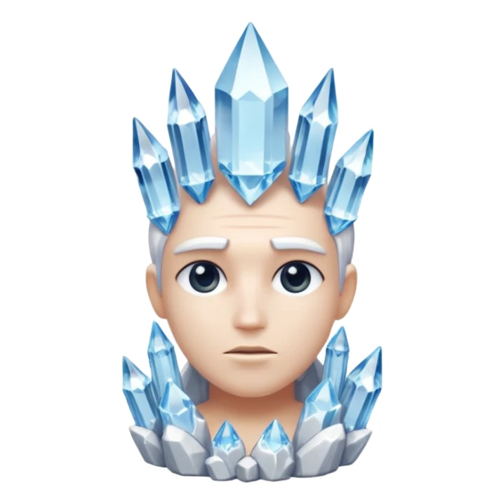 A single crystal character inspired by a clear quartz cluster, chunky base with many tall transparent crystal spikes growing upward all around it with a face sticker