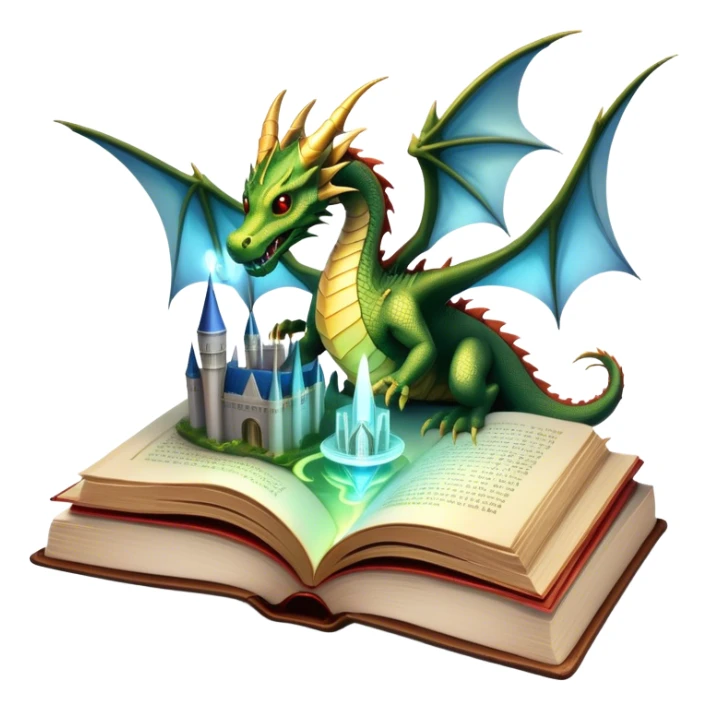 Icon for Fantasy and Science Fiction: a magical book with glowing pages, surrounded by a dragon, a spaceship, a wizard’s staff, and a futuristic cityscape. The icon should capture the adventure, magic, and imagination of fantasy and sci-fi worlds. Transparent background. sticker