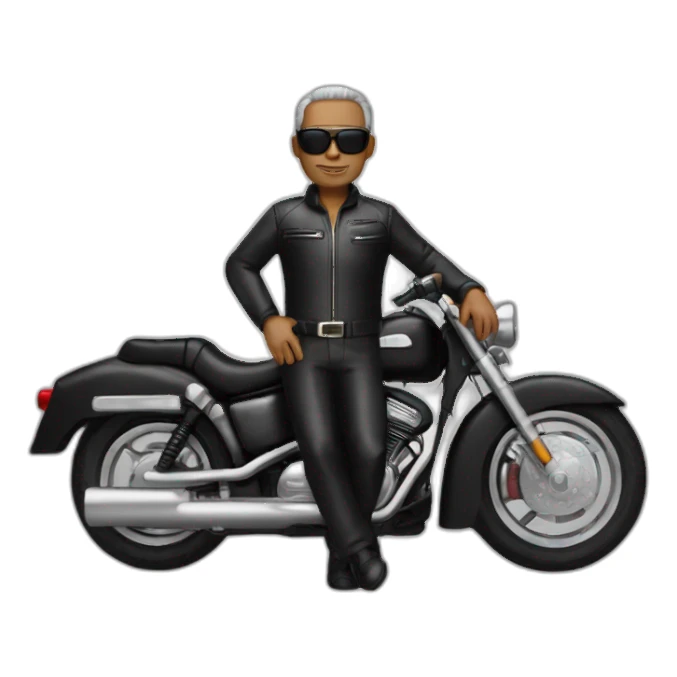 56 year old man, balled, brown eyes, black motorcycle suit, sunglasses on forehead sticker