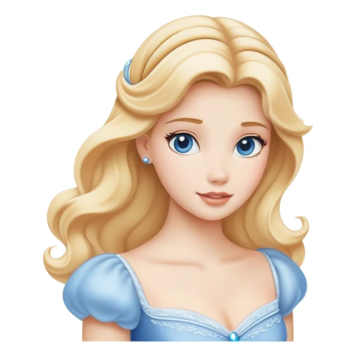Cinematic Serene Cinderella Portrait Emoji, rendered in a realistic, vector-style with minimal shading. Depict a gentle Cinderella (chest and above) with porcelain skin, smooth blonde hair falling in soft waves, and calm, inviting eyes. Dressed in her modest daytime dress, she exudes quiet grace and pure enchantment, highlighted by a soft glowing outline. sticker
