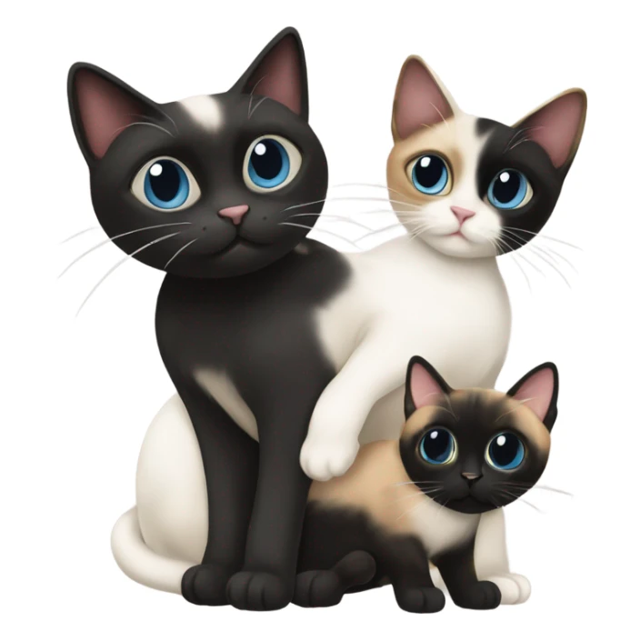A Siamese cat with a calico cat with a black cat with white paws sticker