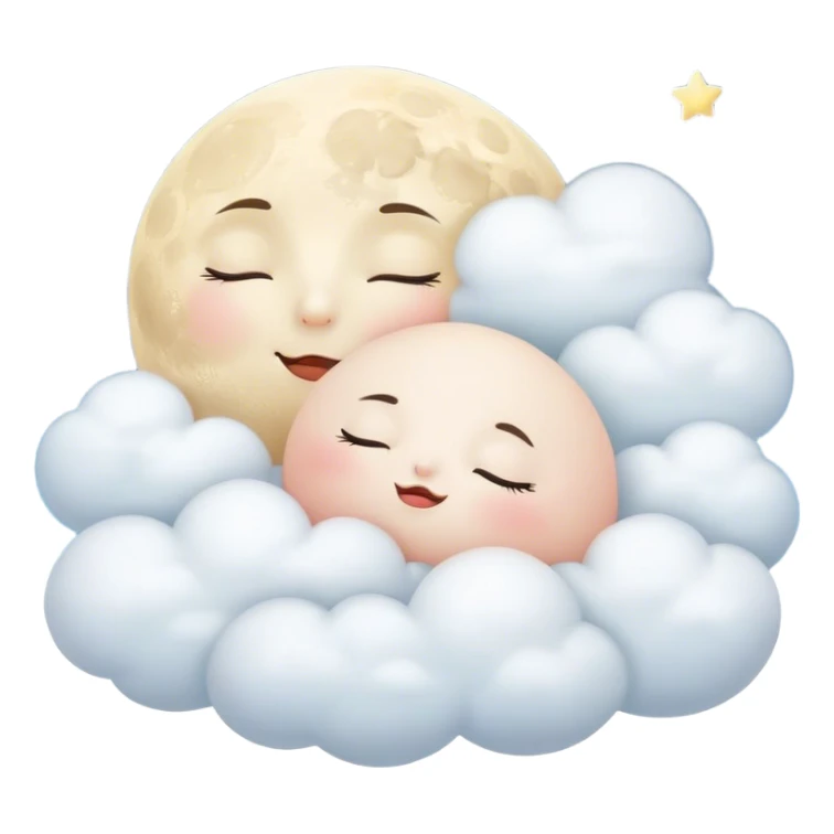 Cinematic adorable moon with a sleepy face, round and chubby, soft glowing light, tiny rosy cheeks, resting on a bed of fluffy clouds, dreamy and peaceful. sticker