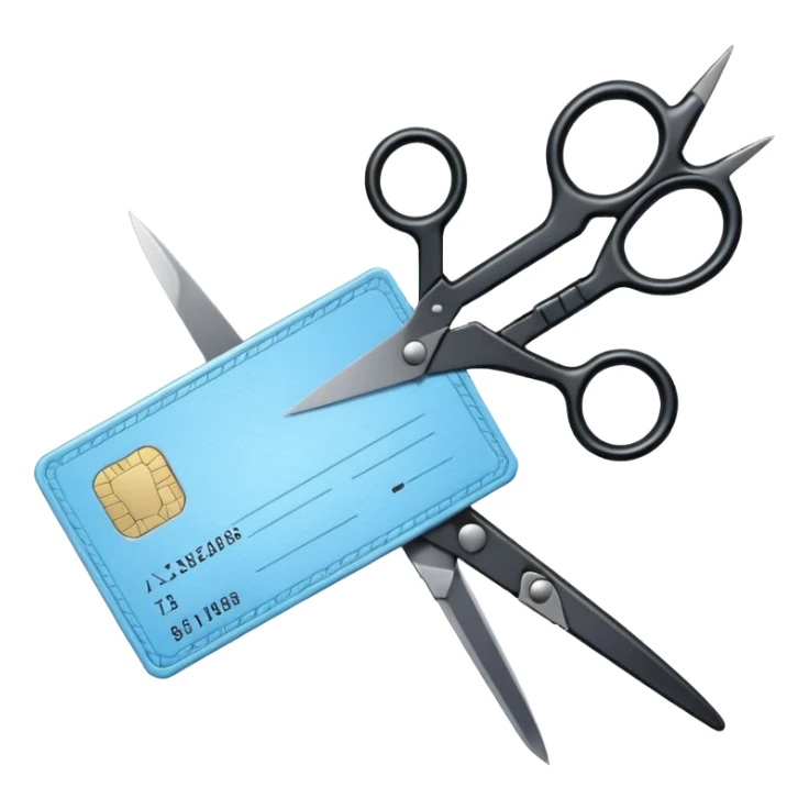 Floating black Scissors cutting a light blue military ID card in 2 parts .hyper realistic sticker