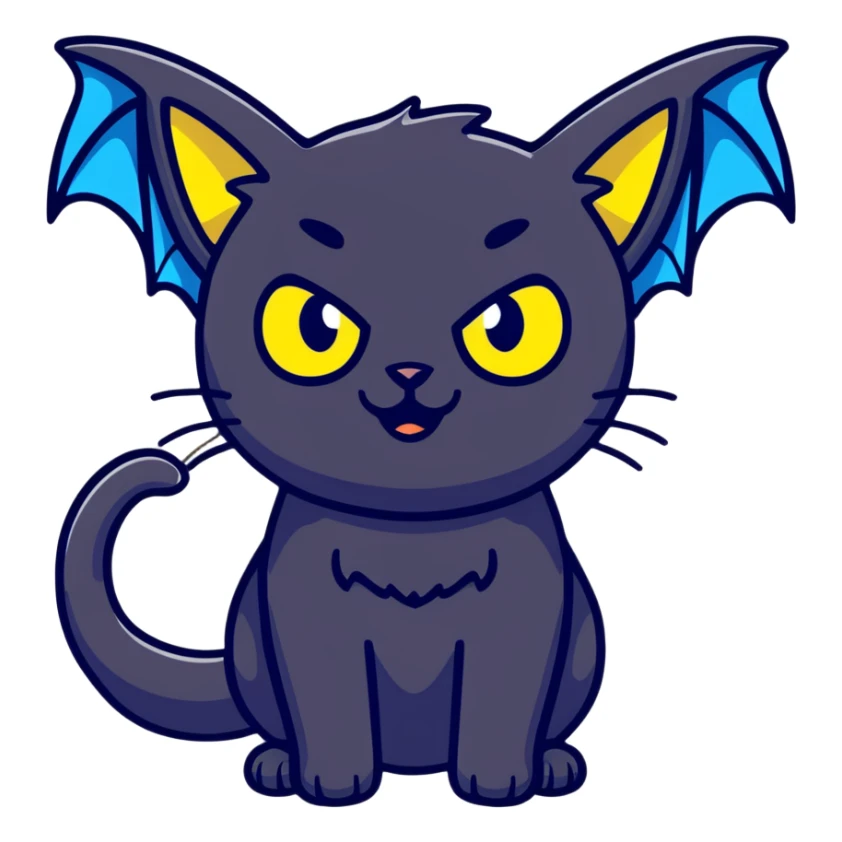 black cat with blue bat wings and glowing yellow eyes sticker