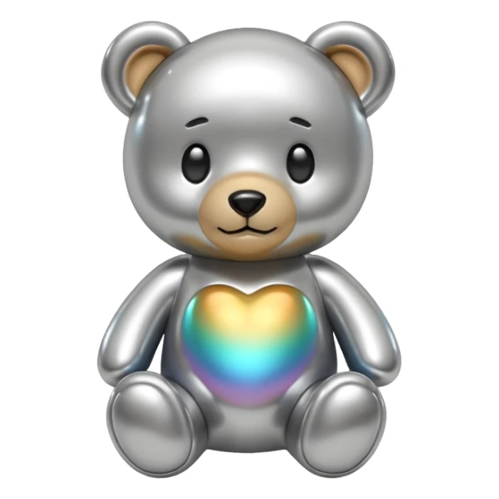 A cute teddy bear emoji made of liquid silver chrome, smooth rounded body, glossy metallic surface, soft reflections, friendly proportions, iOS emoji style, centered, clean white background sticker