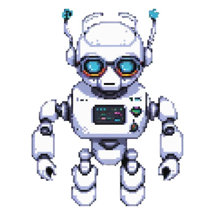 White robot with cyberpunk glasses, AI, futuristic sticker