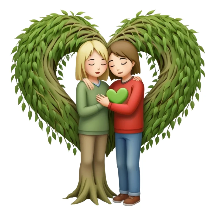 heart-shaped weeping willow tree with two people inside giving each other a supportive, caring hug, like close friends comforting each other, with a small heart above them sticker