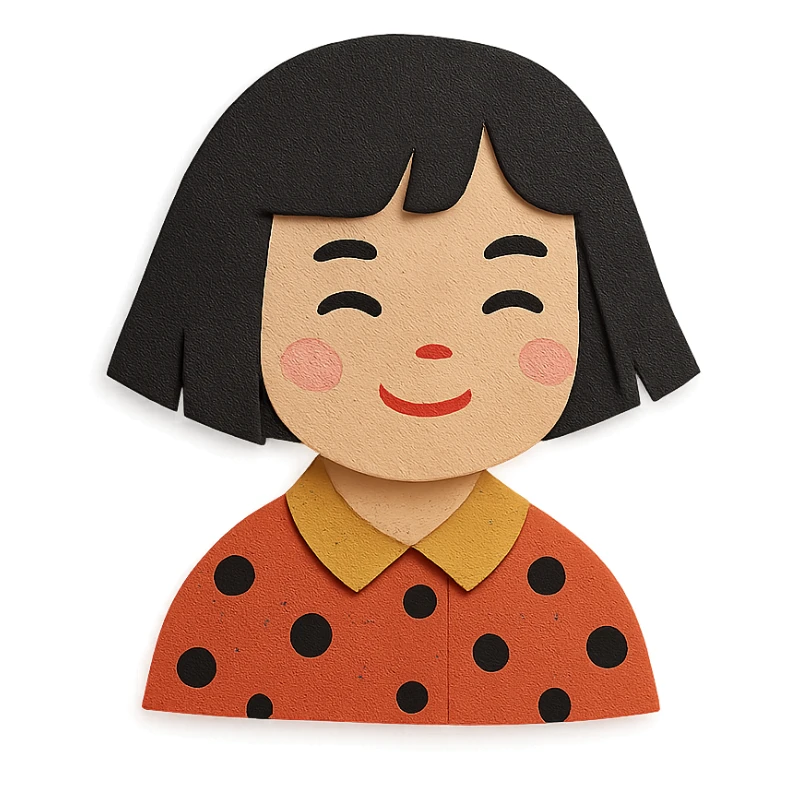 girl with black bob-cut hair, dotted coat, Chinese appearance sticker