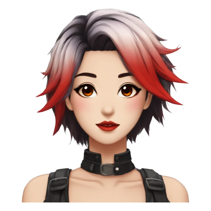 Gorgeous anime style lady with blushing face aesthetic and pretty edgy black red punk hair with hair garment trending style sticker