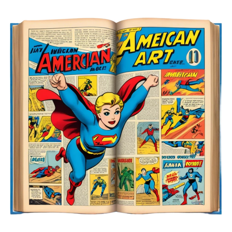 Create a vibrant emoji representing comic books and graphic novels. The design should feature a large, open comic book or vintage comic magazine with pages displaying classic American comic art, with text in Russian. The comic pages should have bold, dynamic panels and action scenes. Include a pencil writing on the pages, but without a hand, to symbolize the artistic creation of comics. Use bright colors like red, blue, and yellow, with a retro feel to the design. Make the background transparent. sticker