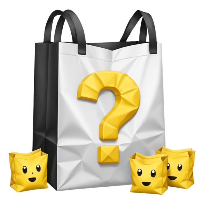 crumbled white goodiebag with yellow questions mark boxes stuffed in it sticker