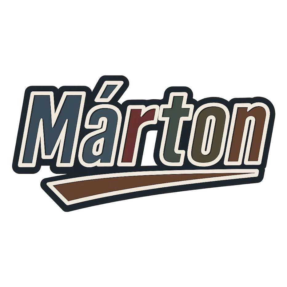 Márton name in masculine, modern, gradient font with precise Hungarian characters, dark outline, extra thick, prominent white border as in reference images, dynamic slanted underline, masculine color shades (blue, gray, burgundy, green, brown), 1000x1000 px, PNG, transparent background sticker