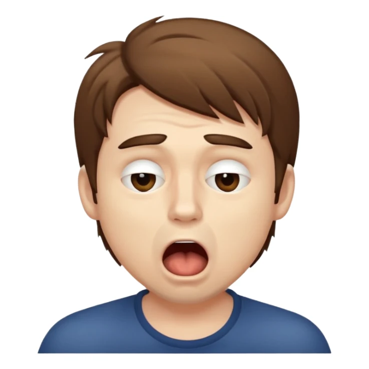 Weak man with disheveled hair, large dark circles under his eyes, and yawning sticker